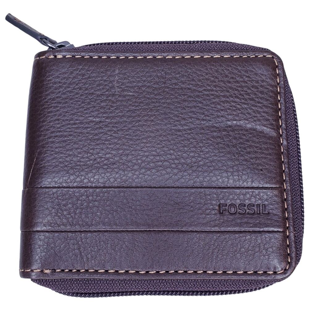NWOT FOSSIL Lufkin Men's Brown Leather Zip Around Bifold Wallet
